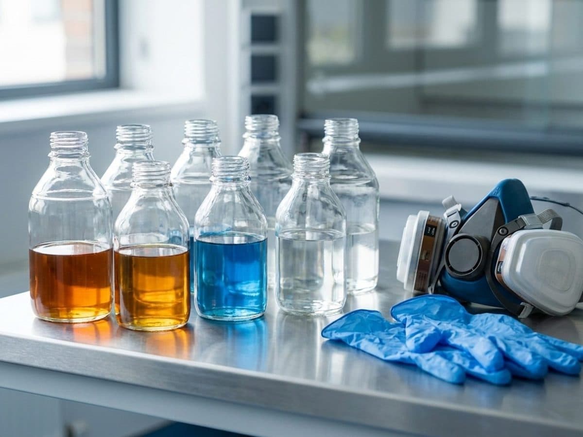 Unlabelled laboratory bottles and polymer resin samples with clean gloves and a respirator on a laboratory bench