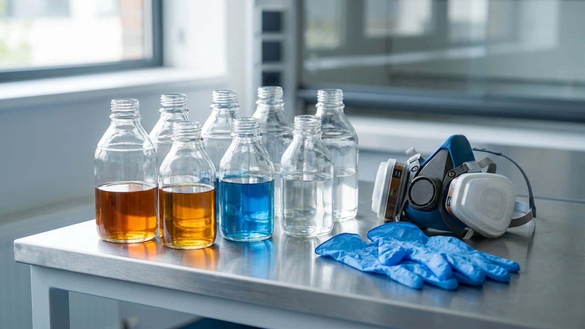 Unlabelled laboratory bottles and polymer resin samples with clean gloves and a respirator on a laboratory bench