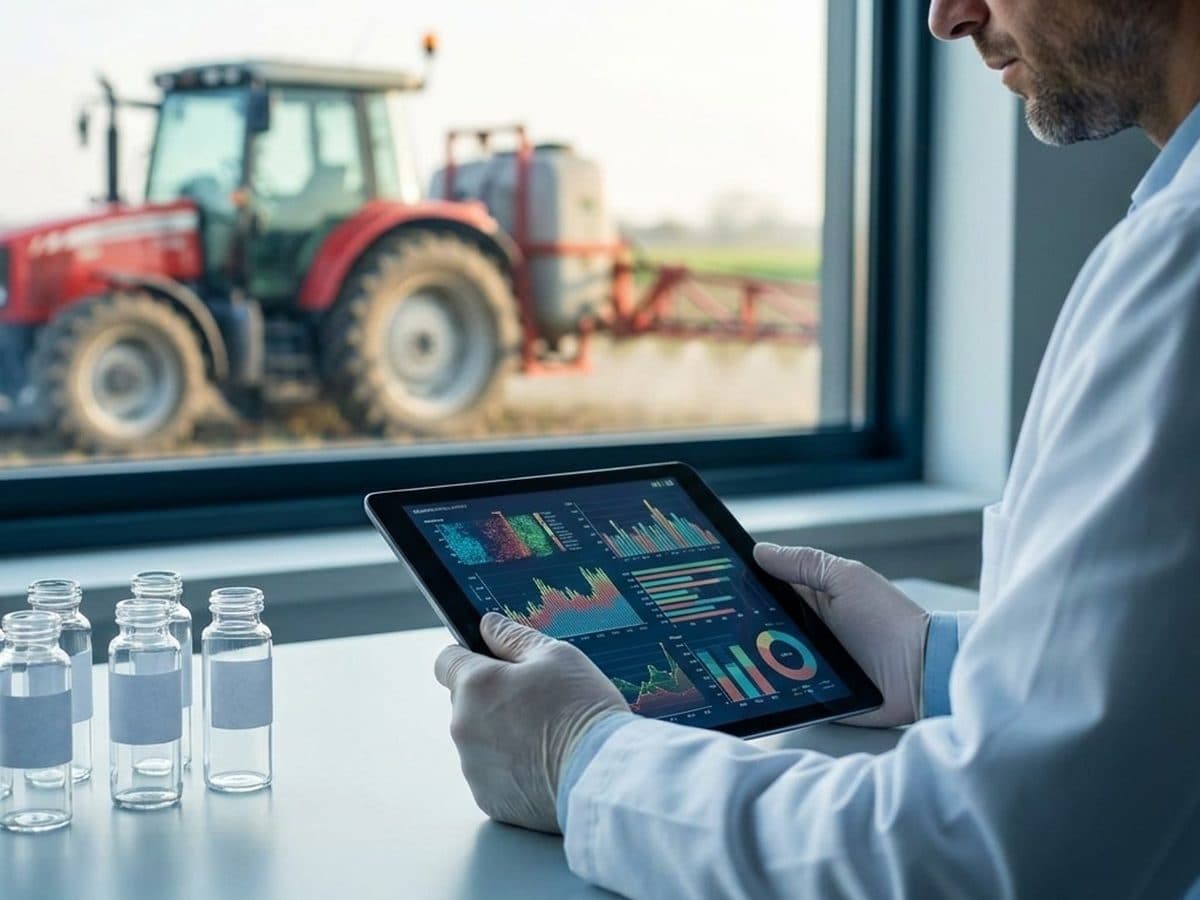 Toxicologist reviewing study data beside laboratory samples and agricultural equipment