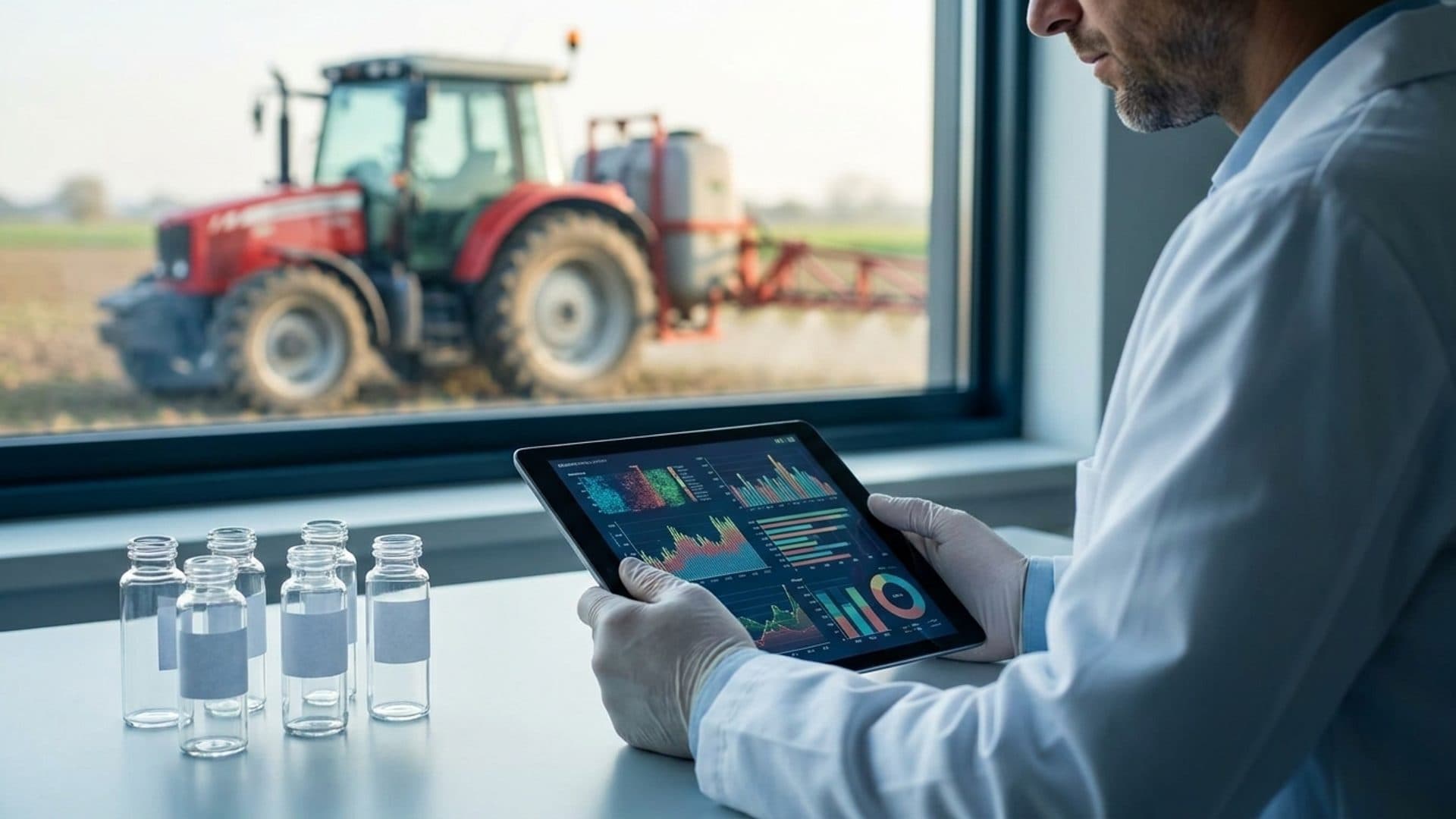 Toxicologist reviewing study data beside laboratory samples and agricultural equipment