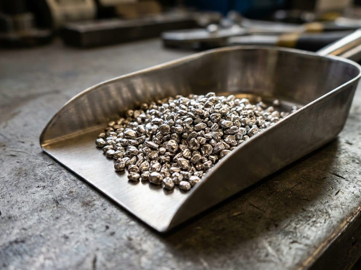 Silver metal granules in a stainless steel scoop
