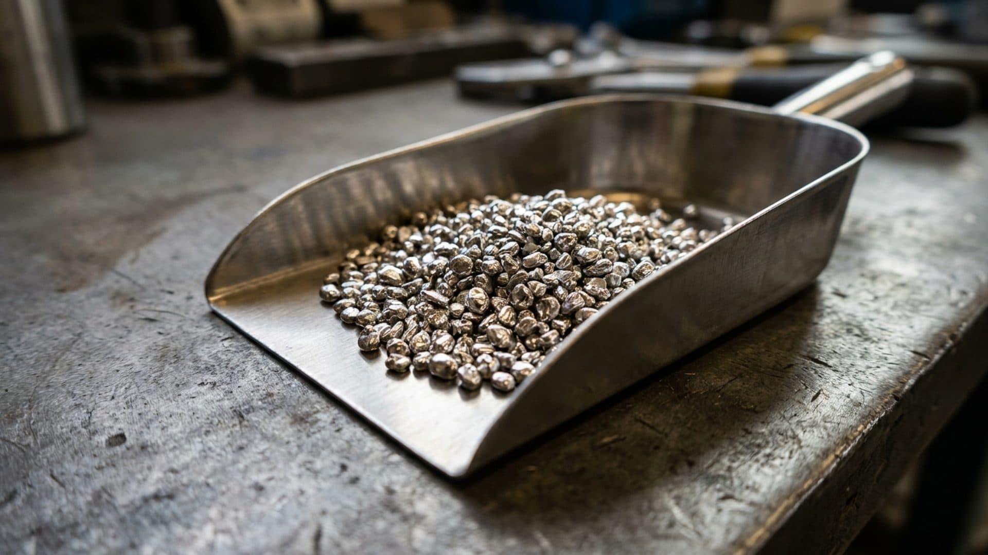 Silver metal granules in a stainless steel scoop