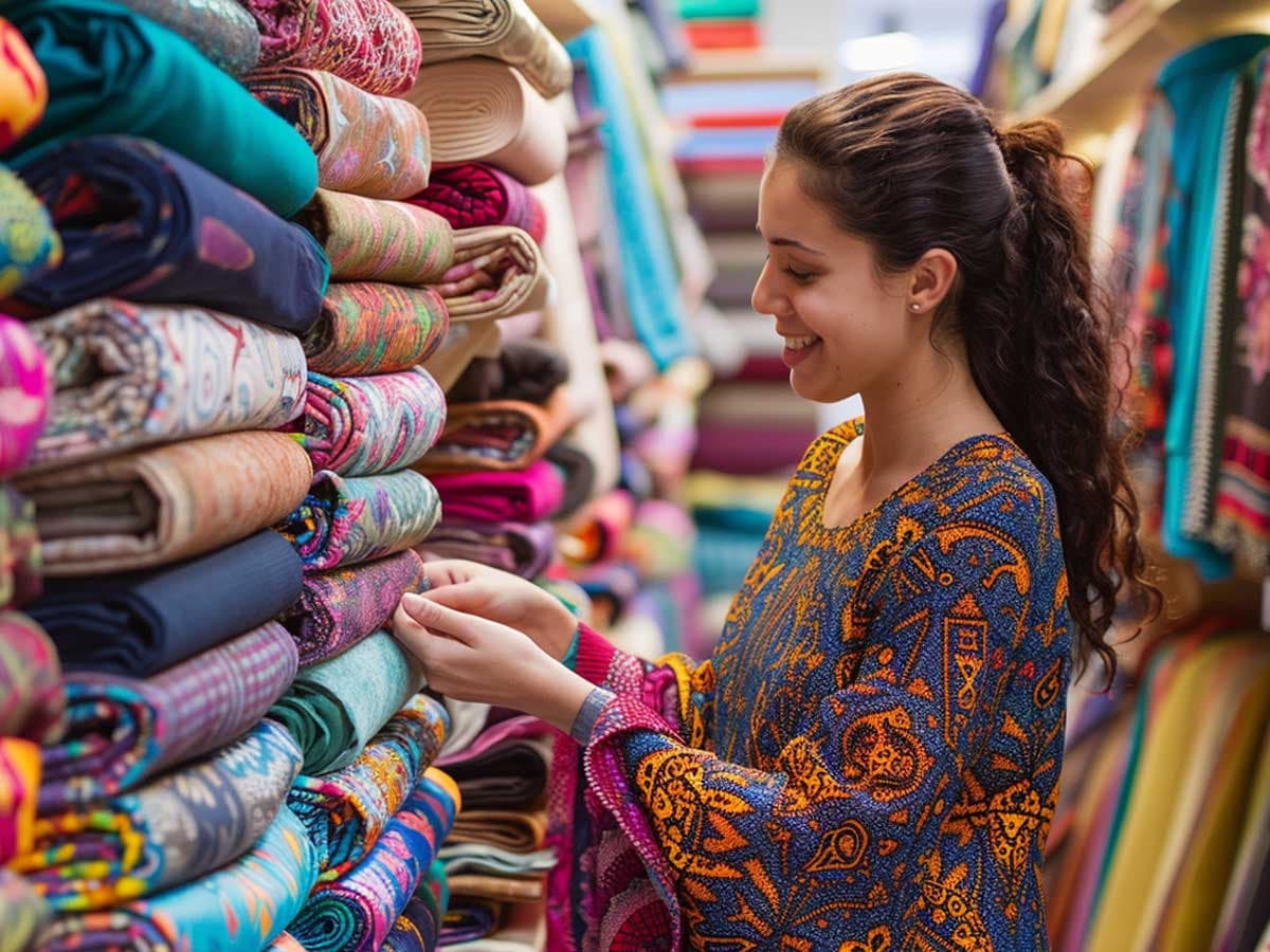Woman inspecting textiles