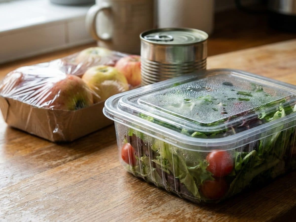 Food containers, a plain metal can and wrapped fruit on a kitchen counter