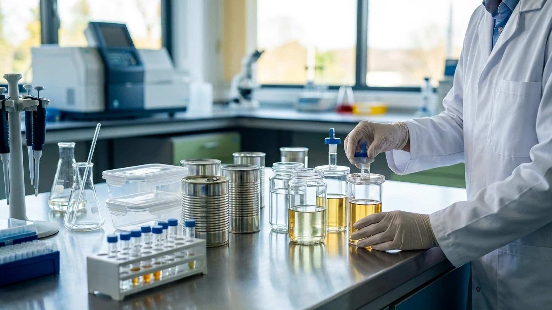 Food containers and glass migration-testing vessels on a laboratory bench