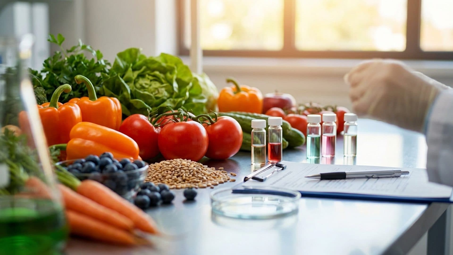 Fresh produce and sample vials on a laboratory bench for food safety testing