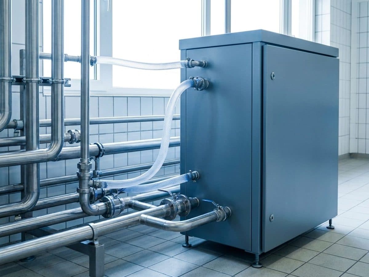 On-site electrolysis equipment beside food-processing disinfection pipework.