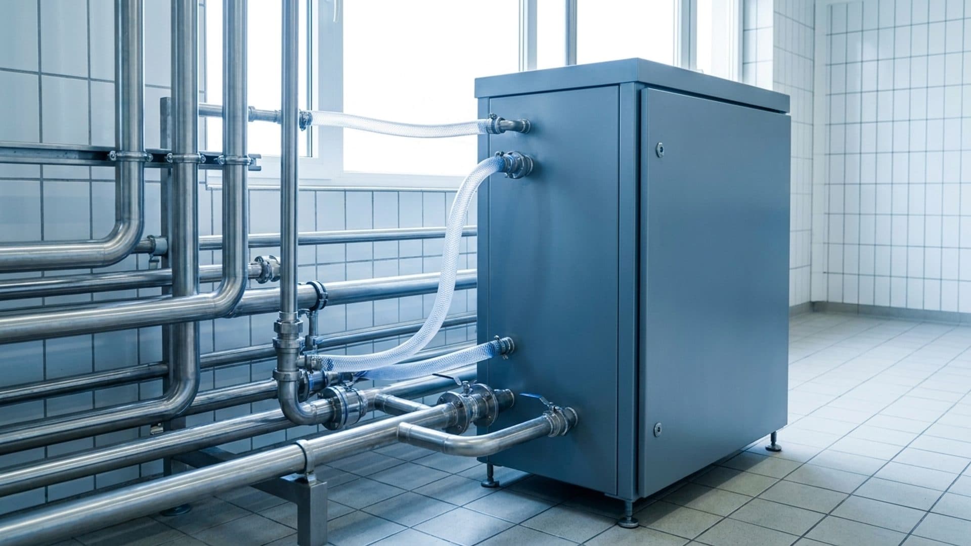 On-site electrolysis equipment beside food-processing disinfection pipework.