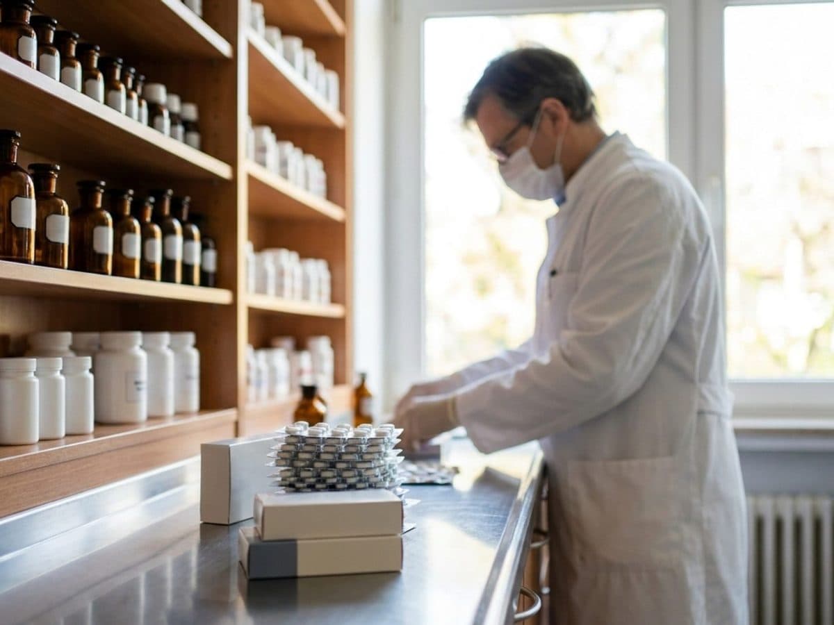 Pharmacist checking medicine packs in a hospital pharmacy