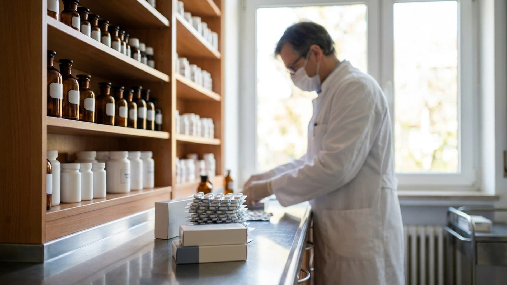 Pharmacist checking medicine packs in a hospital pharmacy