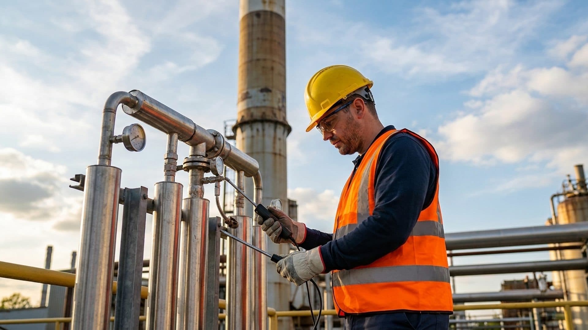 Technician inspecting emissions monitoring equipment beside an industrial stack