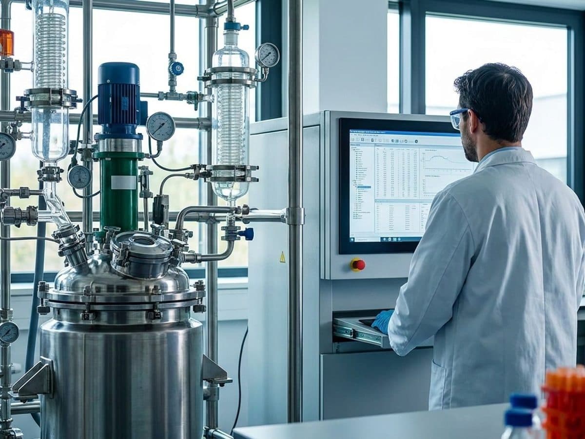 Technician reviewing exposure data beside a closed chemical process