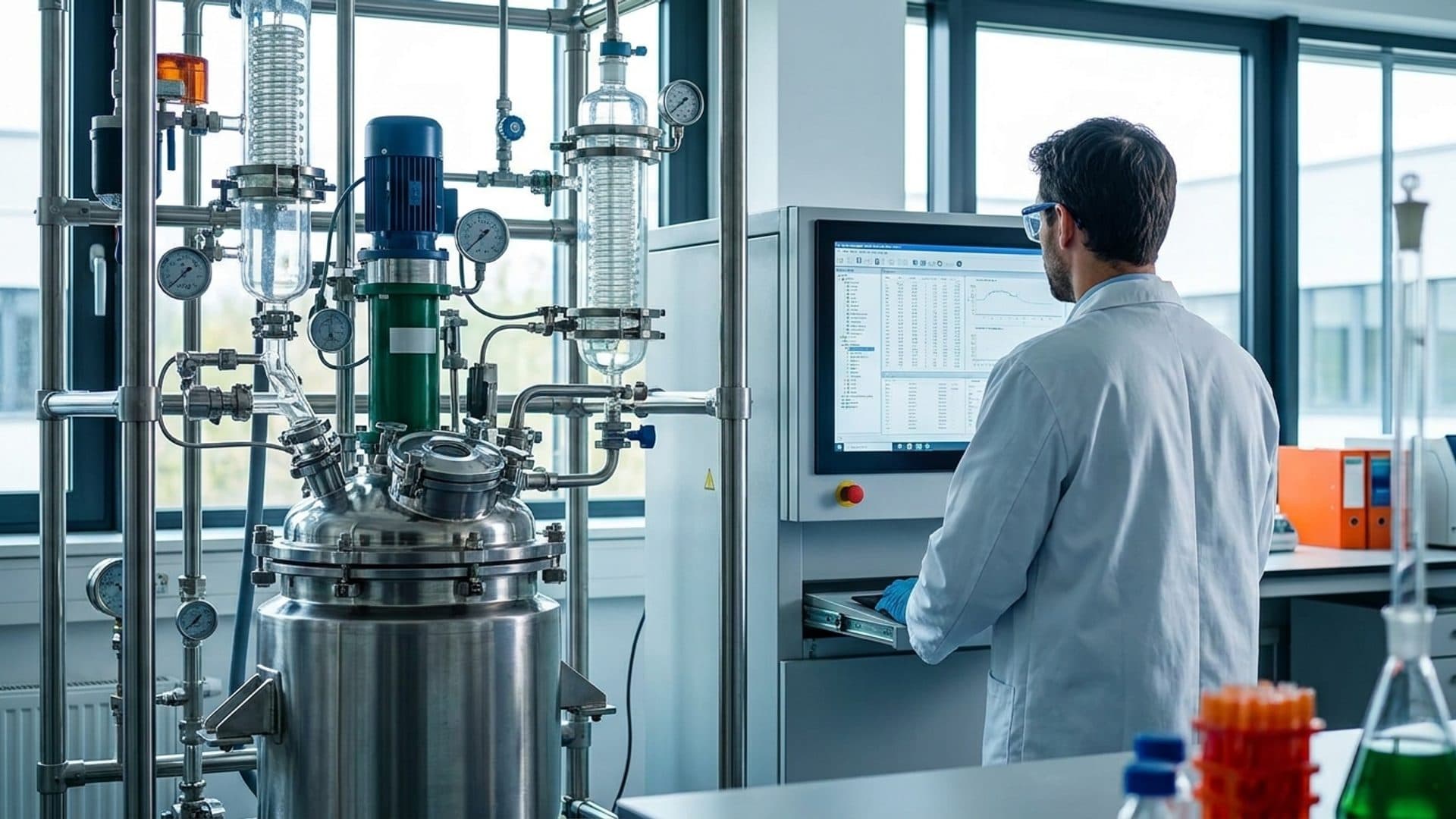 Technician reviewing exposure data beside a closed chemical process
