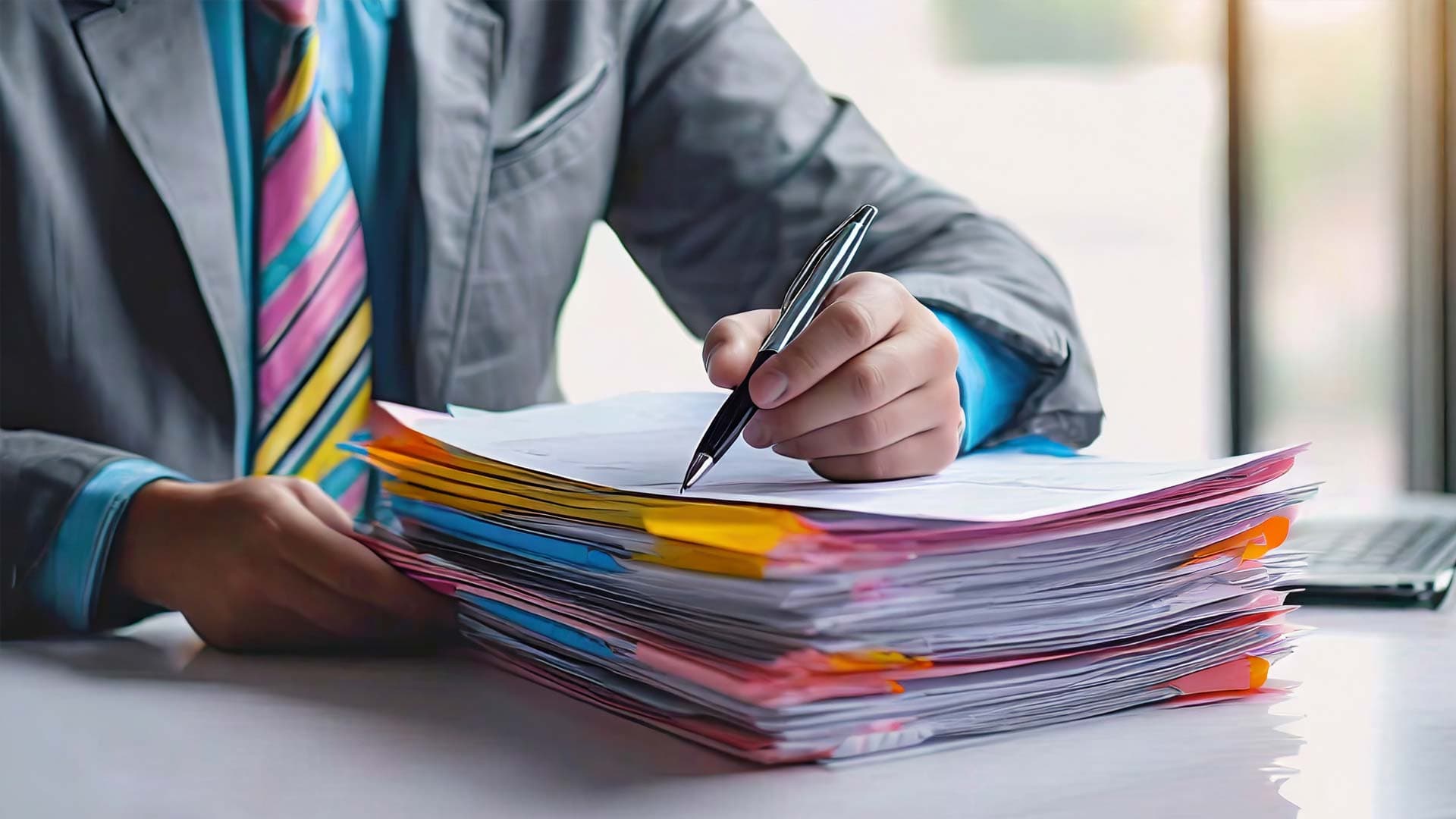 Person writing on a stack of business documents