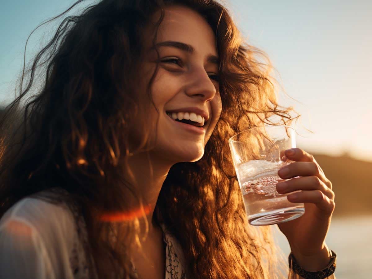 Happy woman drinking a glass of water