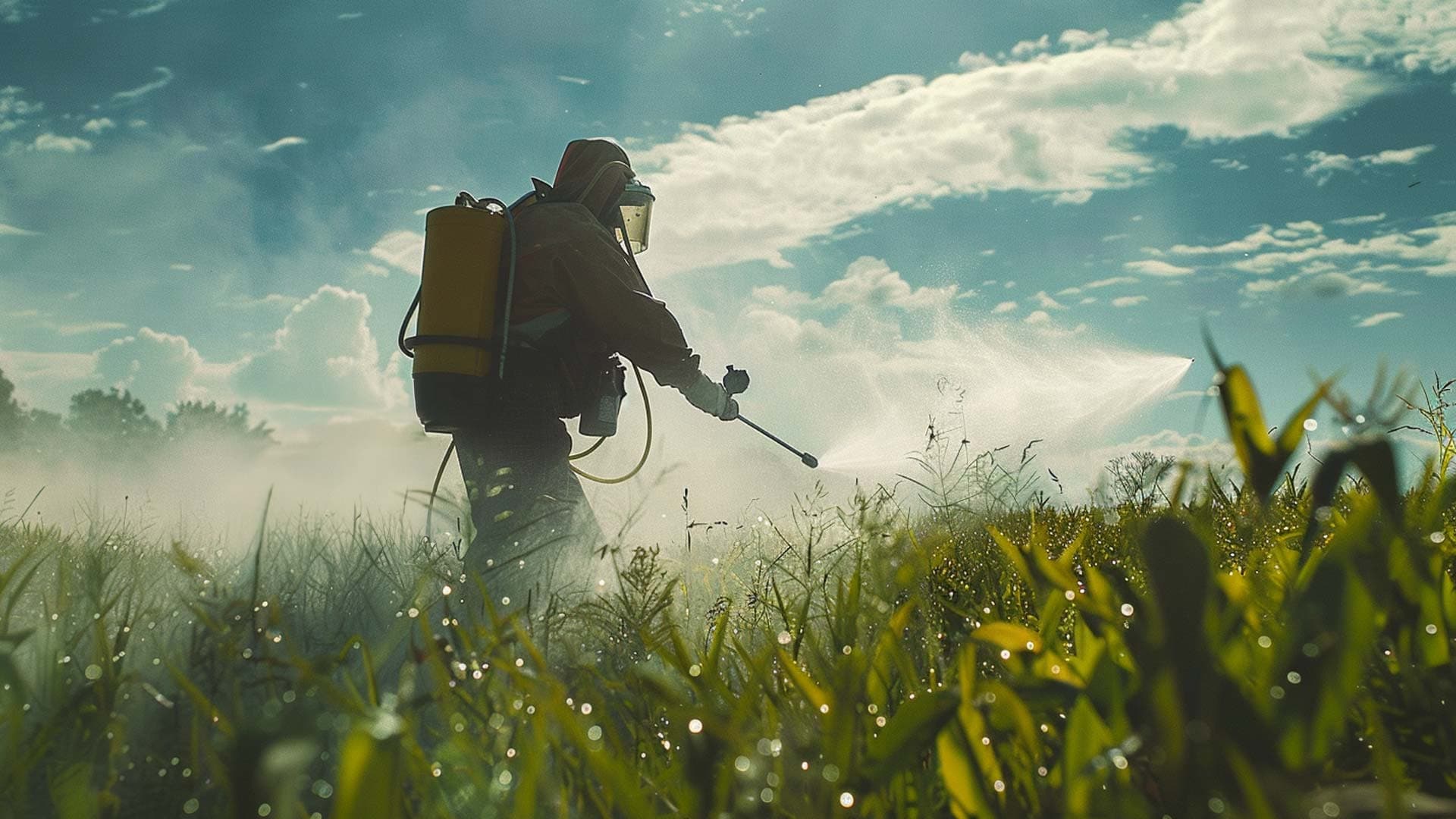 Spraying pesticide at dusk