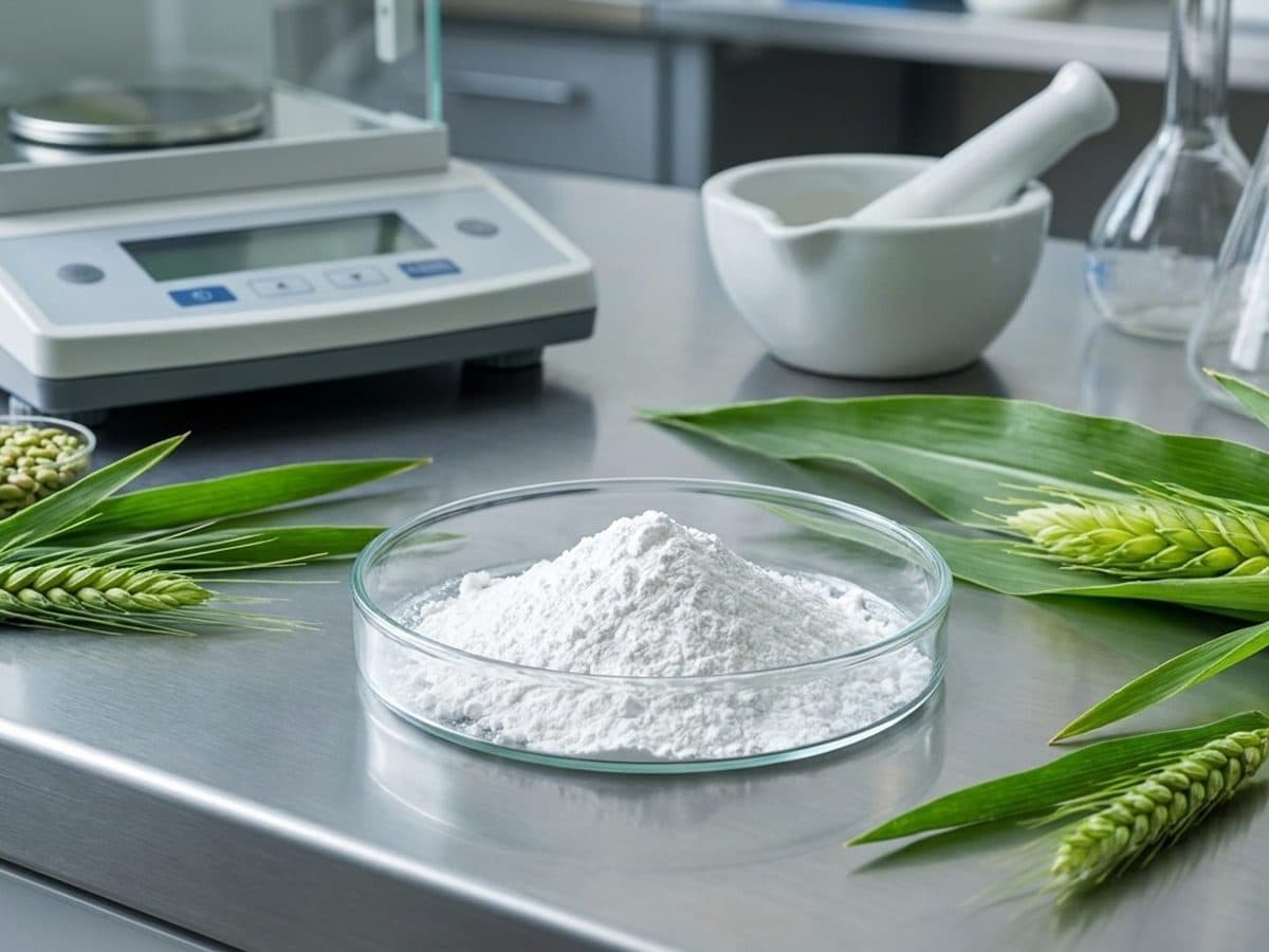 Calcium carbonate powder and crop samples on a laboratory bench
