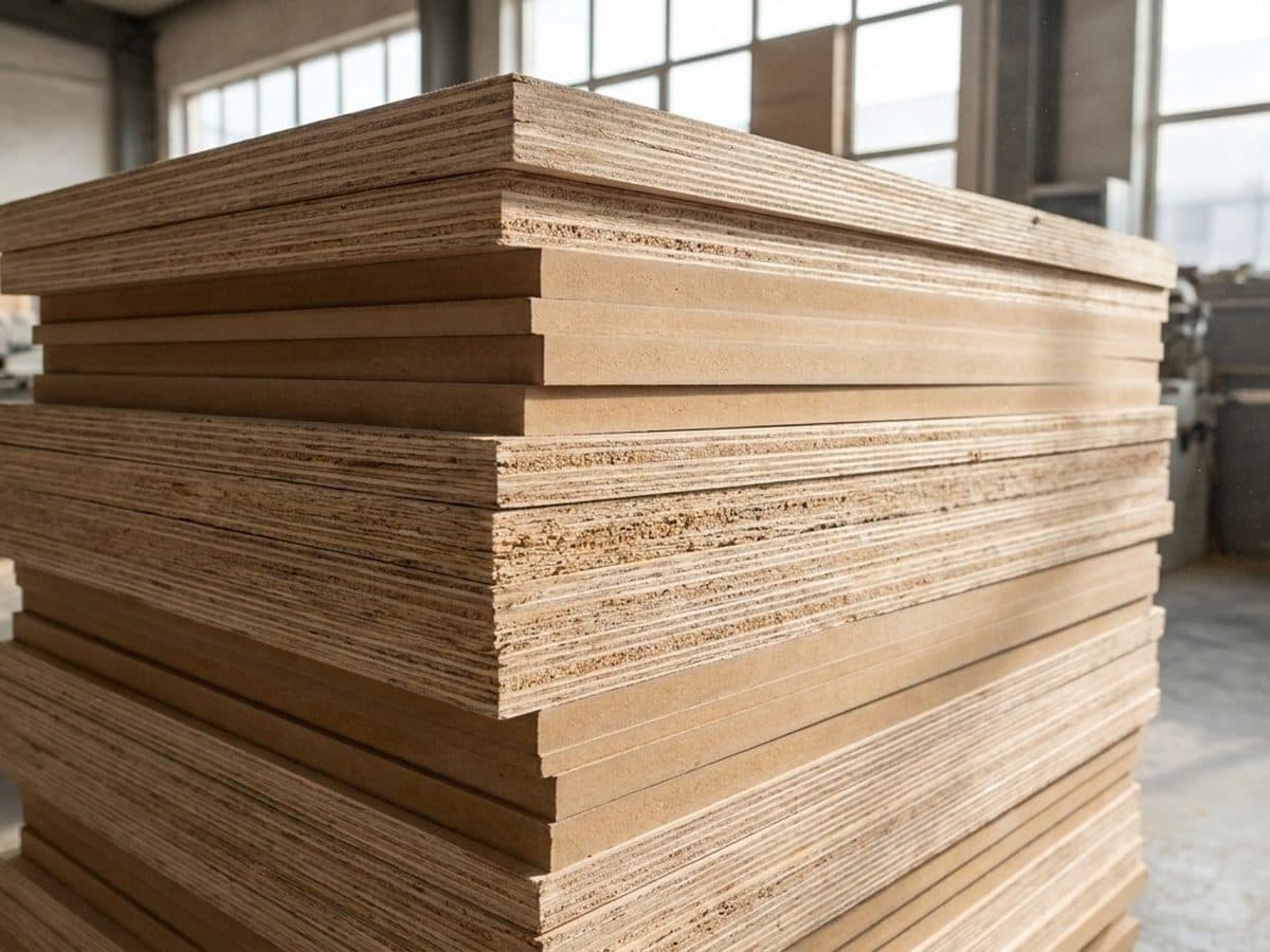 Plywood and fibreboard sheets stacked in a furniture workshop