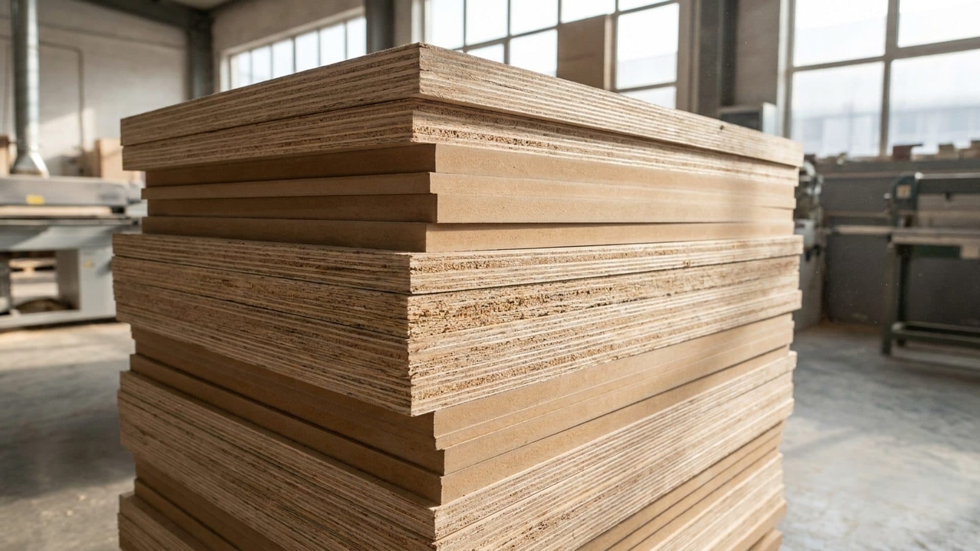 Plywood and fibreboard sheets stacked in a furniture workshop