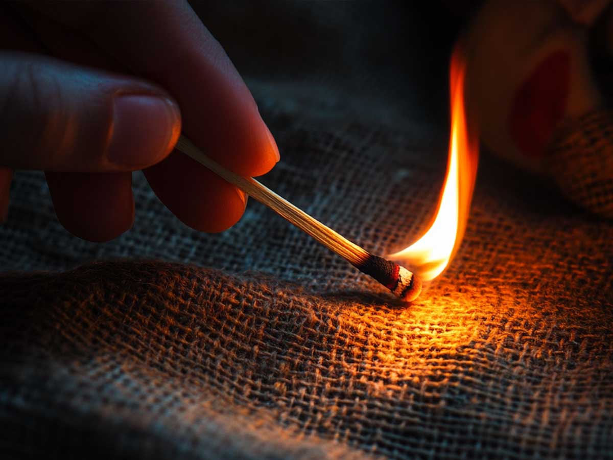 Holding a match to fire retardant fabric