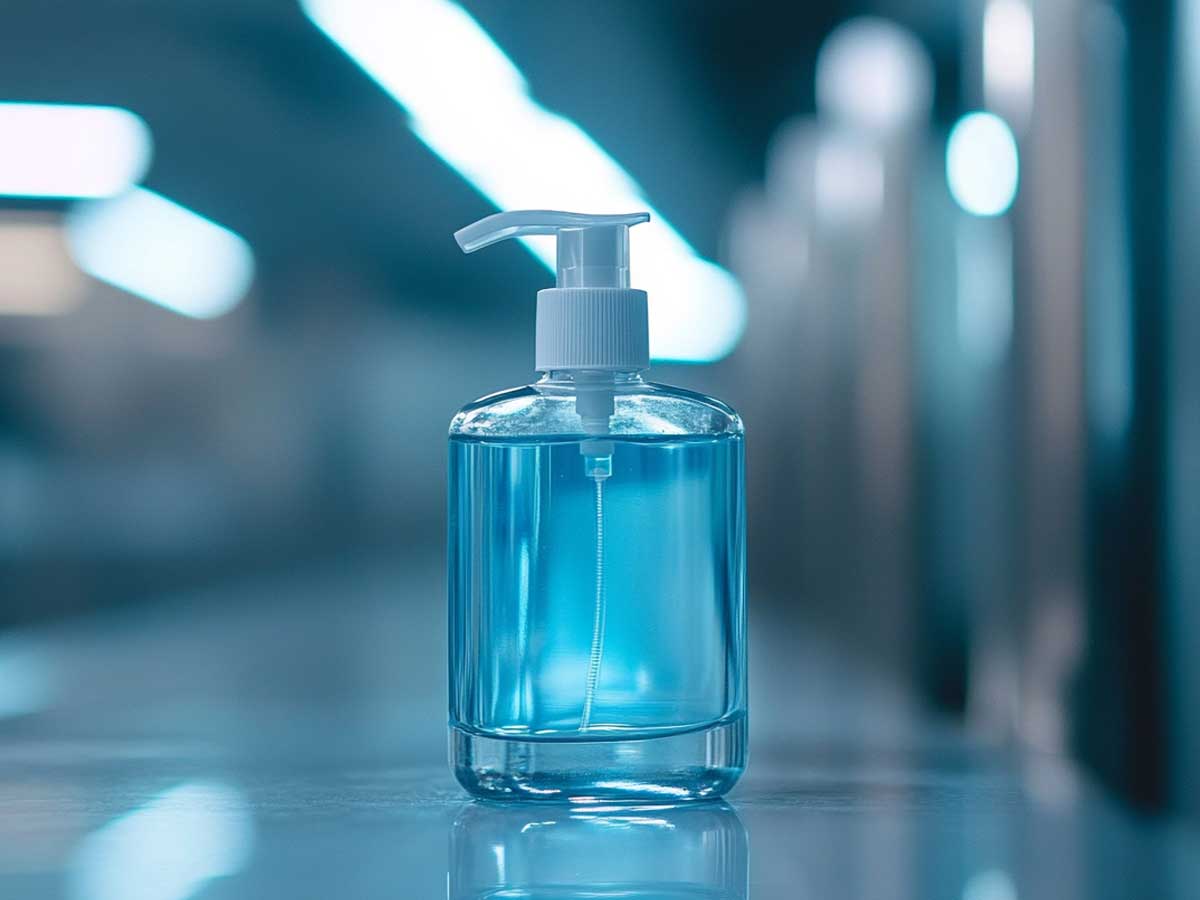 Hand sanitizer bottle on a table
