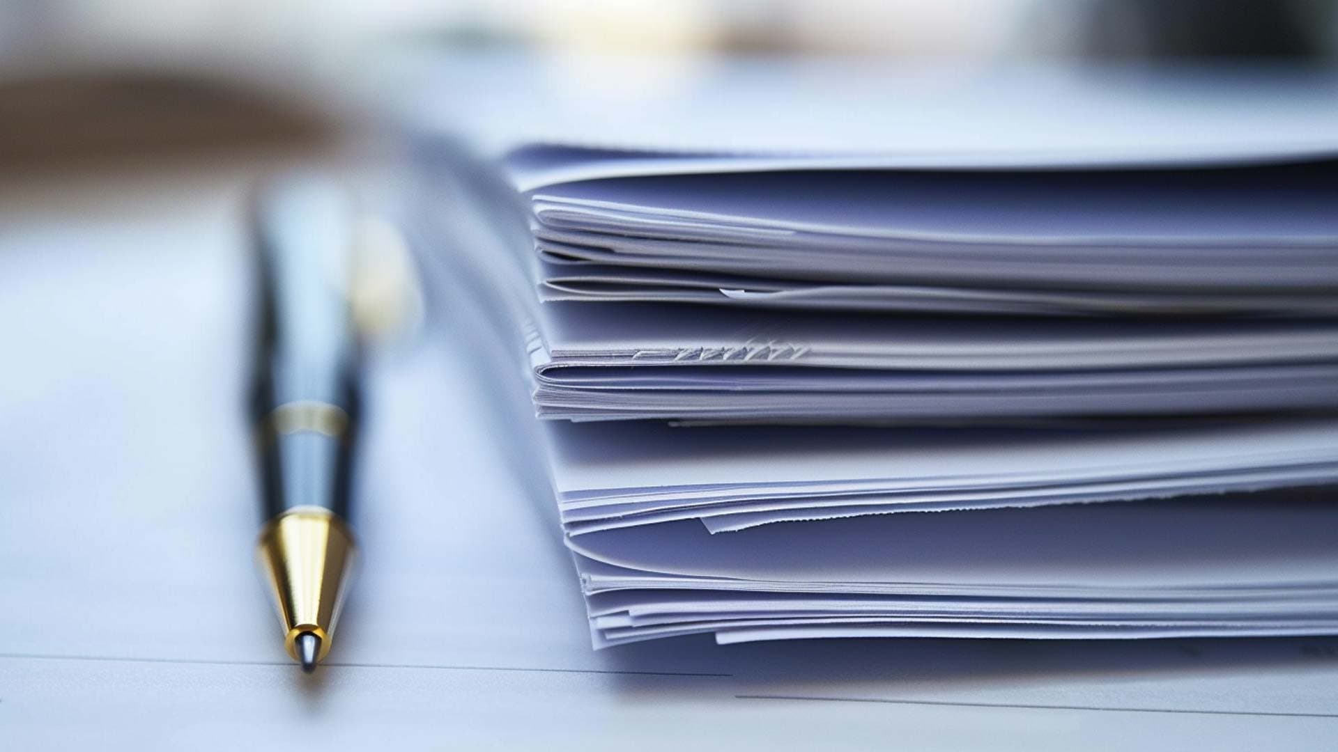 Report documents on table with a pen