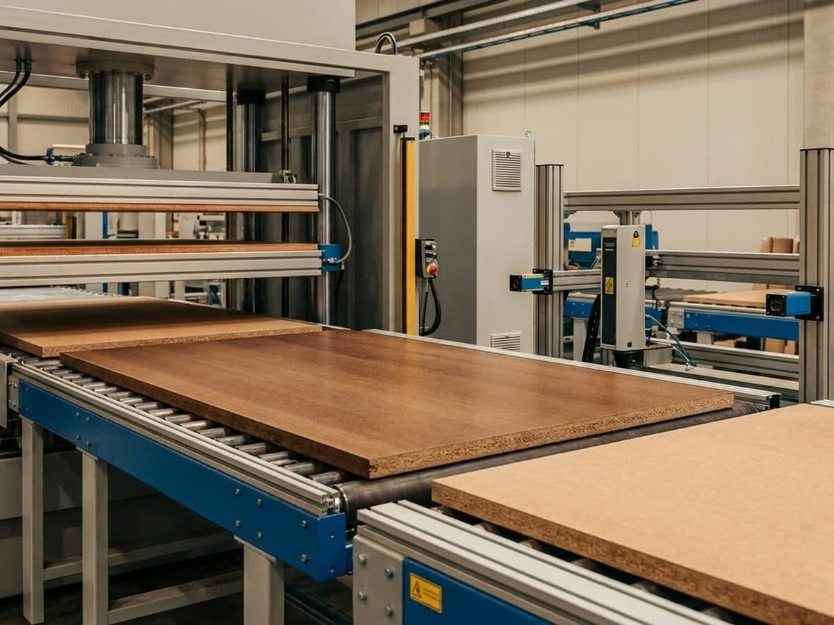 Engineered wood panels moving through a modern production line