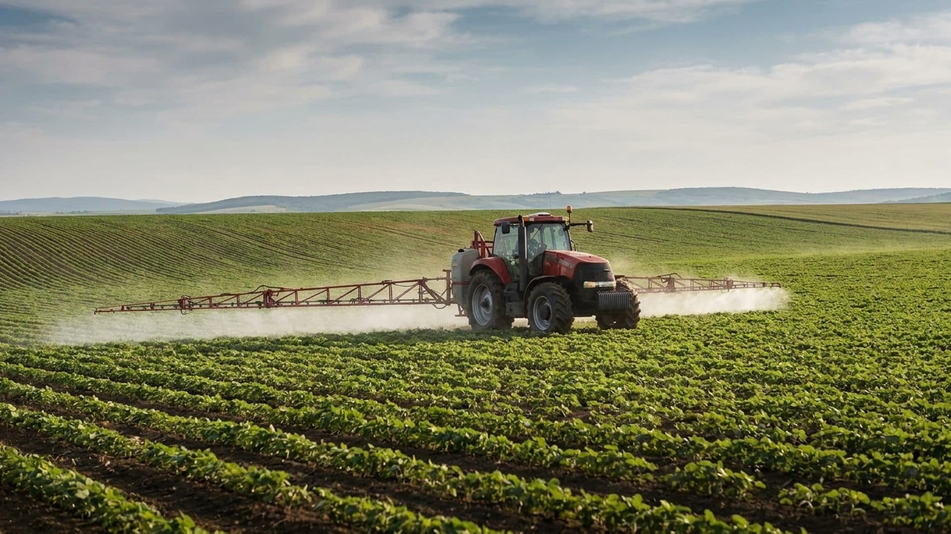 Tractor applying crop treatment across agricultural fields