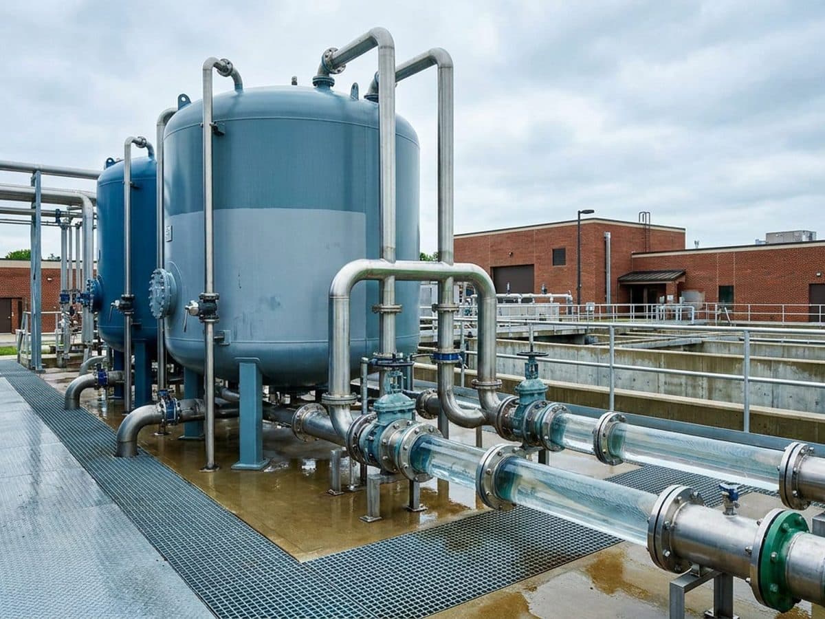Municipal drinking water treatment facility with filtration tanks and pipework