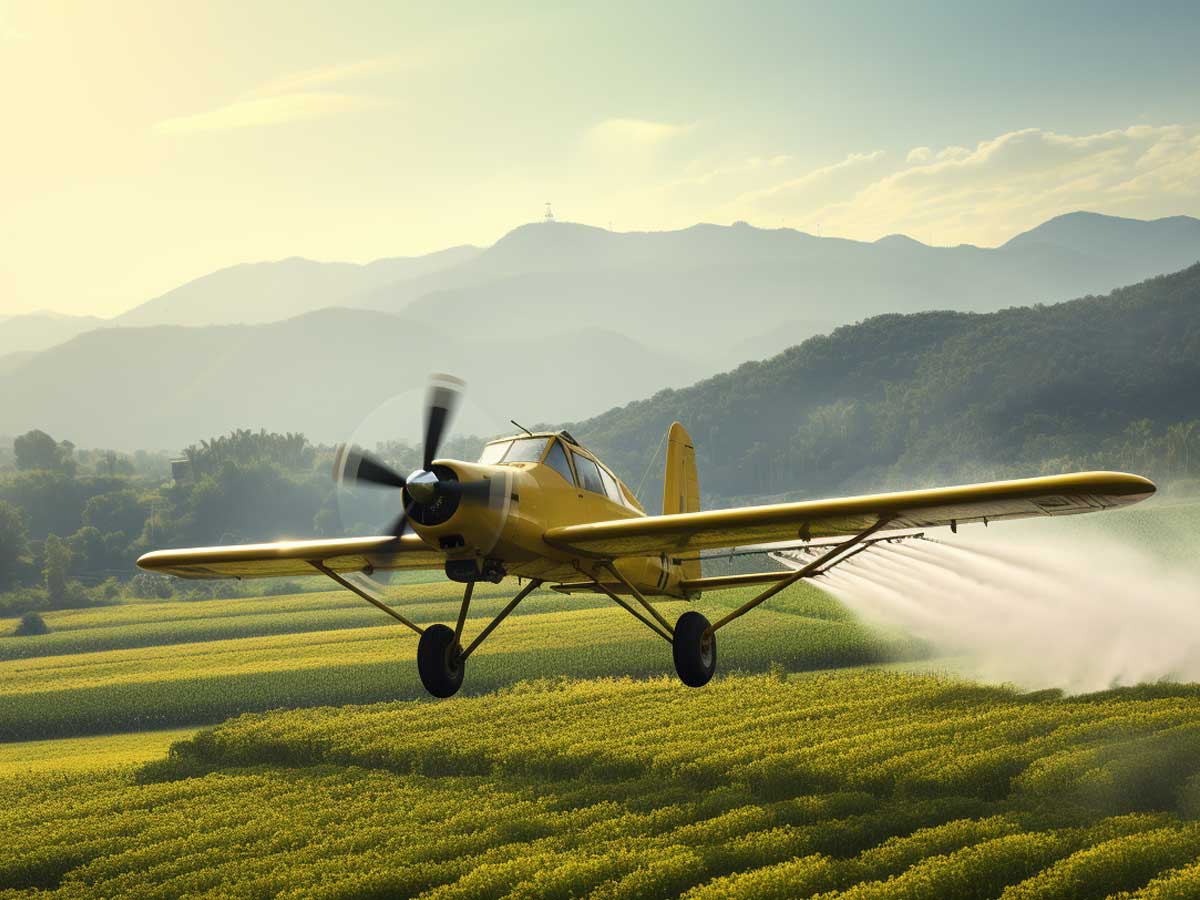 Small plane spraying pesticide on a wheat field