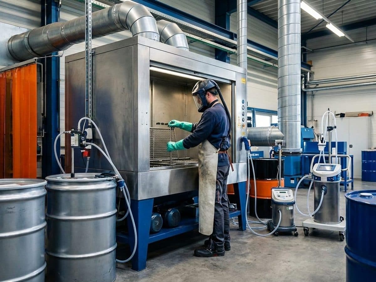 Worker operating an enclosed industrial vapour-degreasing system