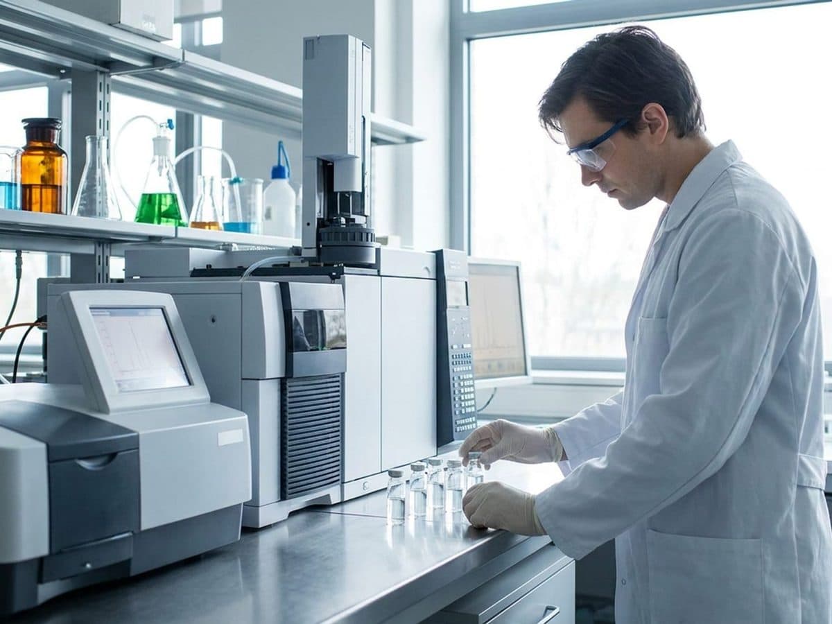 Scientist reviewing chemical samples in a laboratory