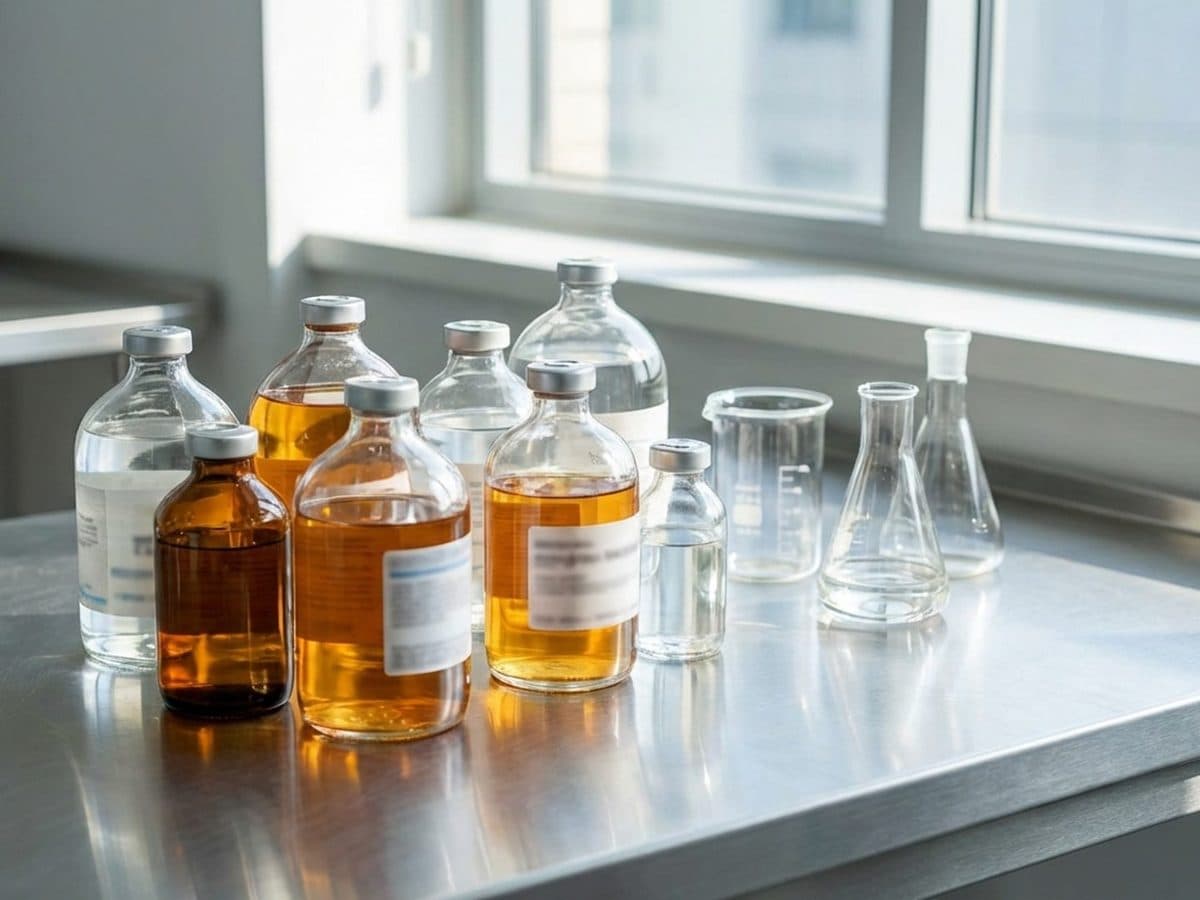 Disinfectant containers and lab glassware on a workbench