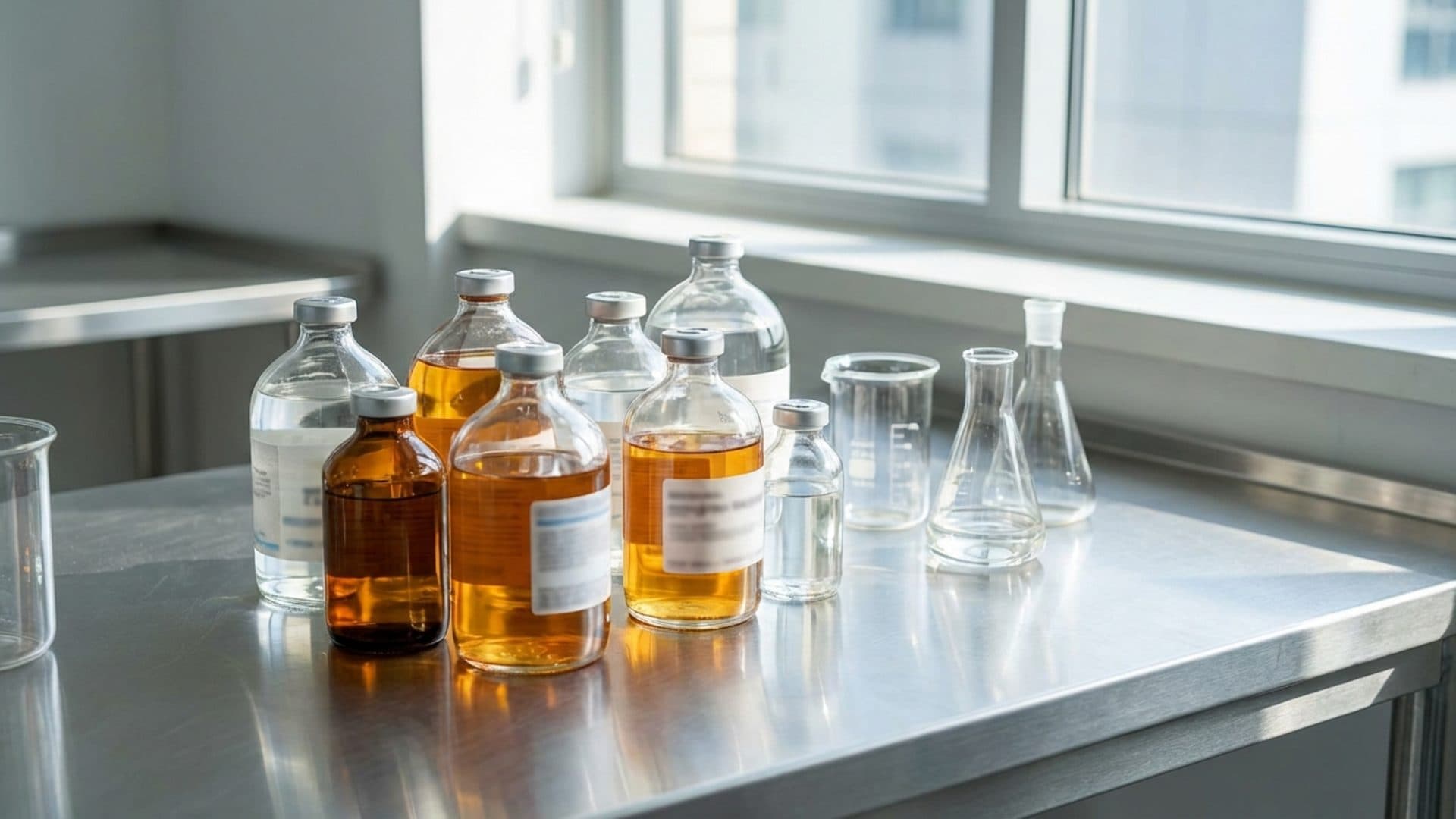 Disinfectant containers and lab glassware on a workbench