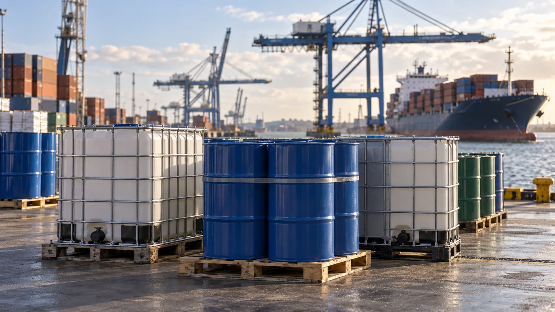 Chemical drums and bulk containers at a port