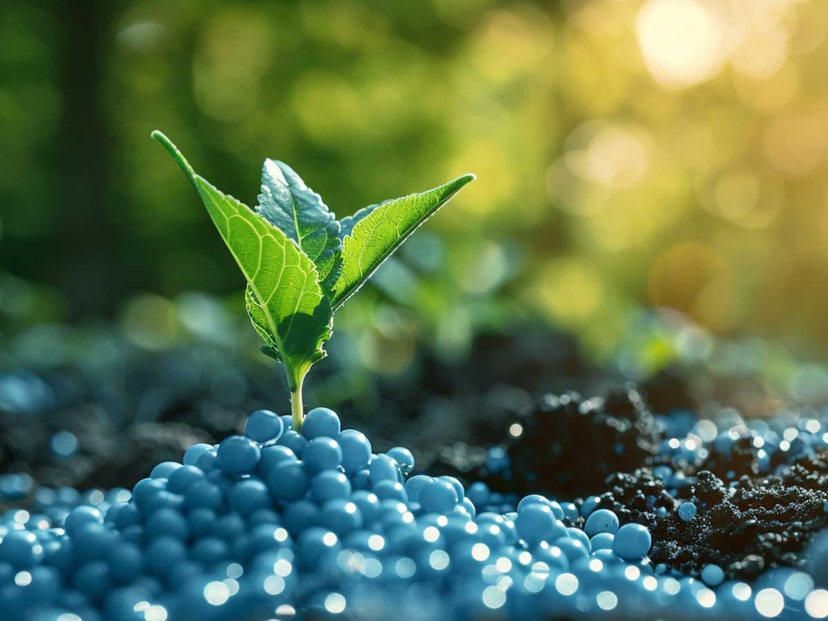 Biodegradable polymer fertilizer on soil at base of plant
