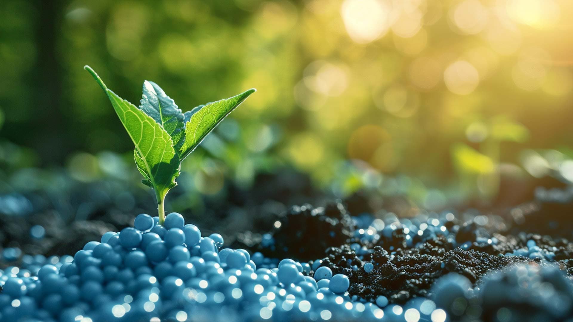 Biodegradable polymer fertilizer on soil at base of plant