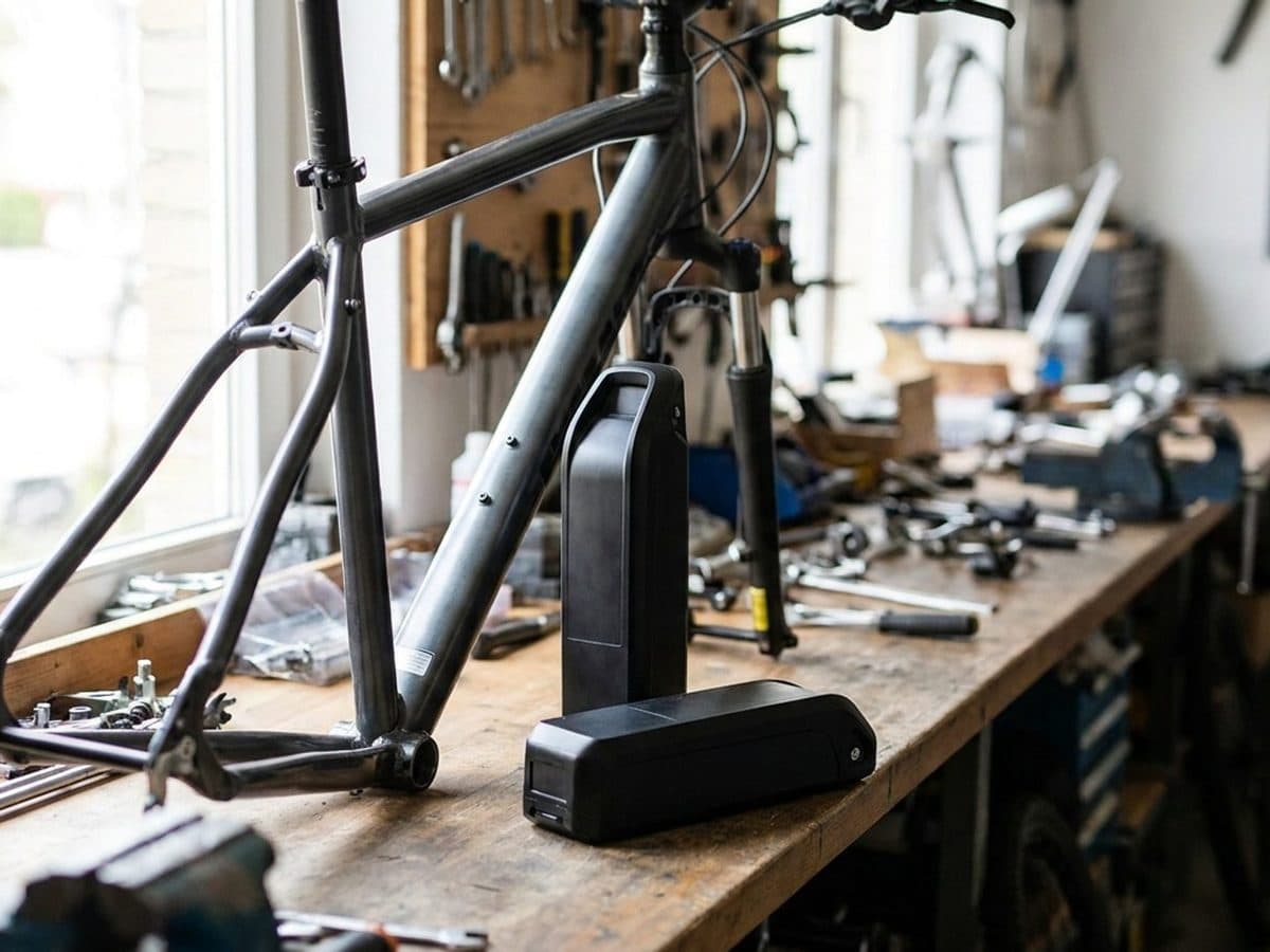 An electric bicycle and removable battery in a repair workshop.