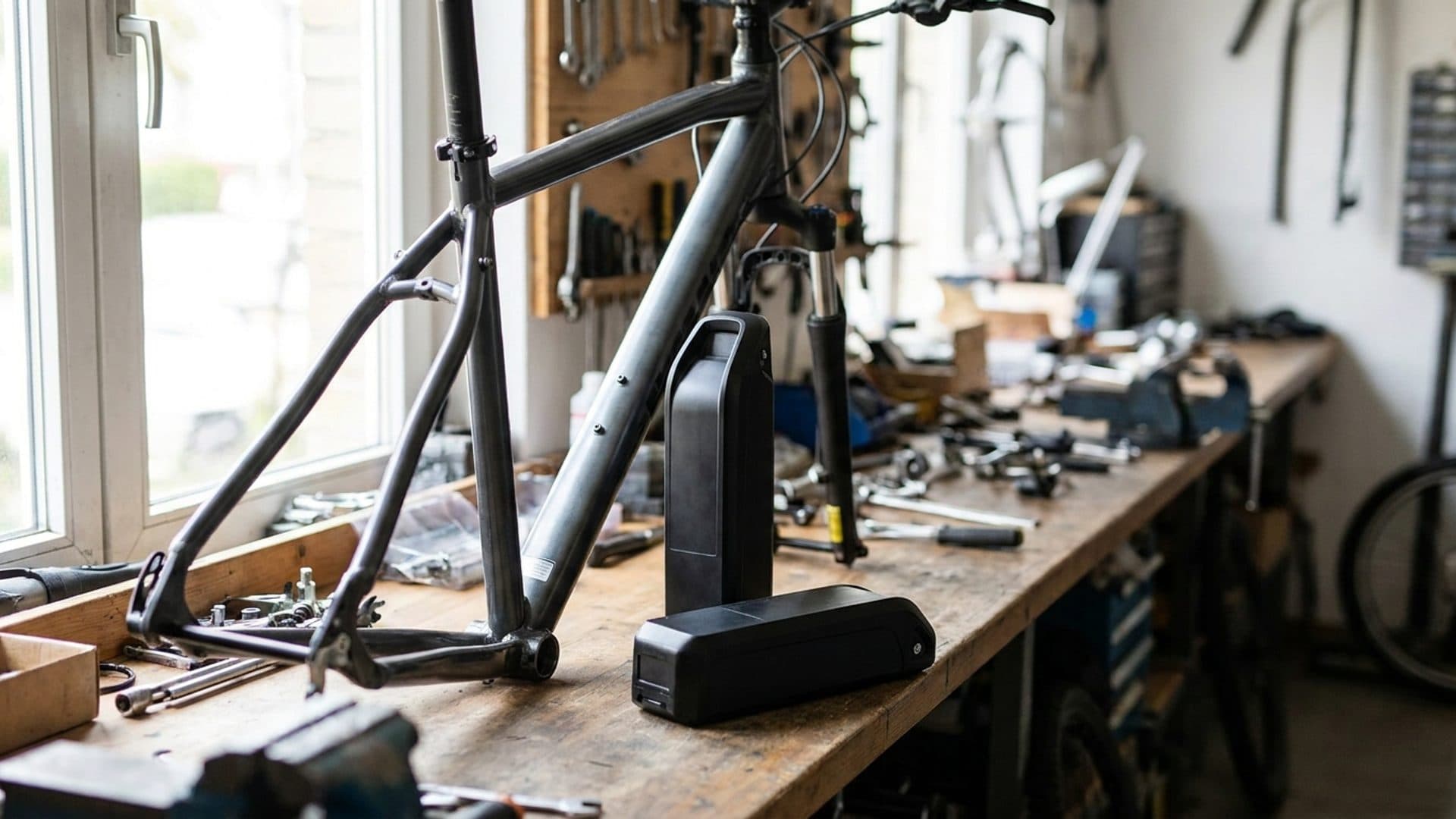 An electric bicycle and removable battery in a repair workshop.
