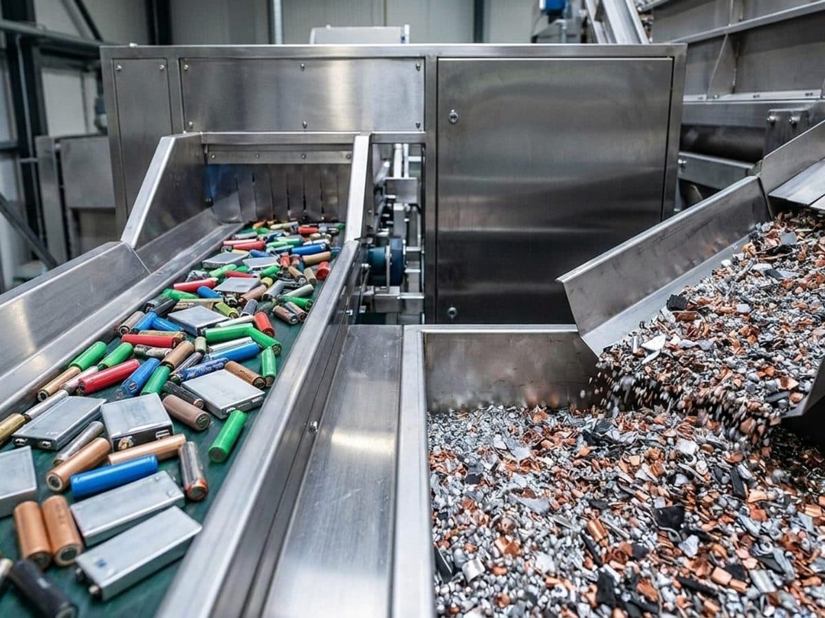 Recovered battery metals and sorted cells on a recycling facility inspection bench