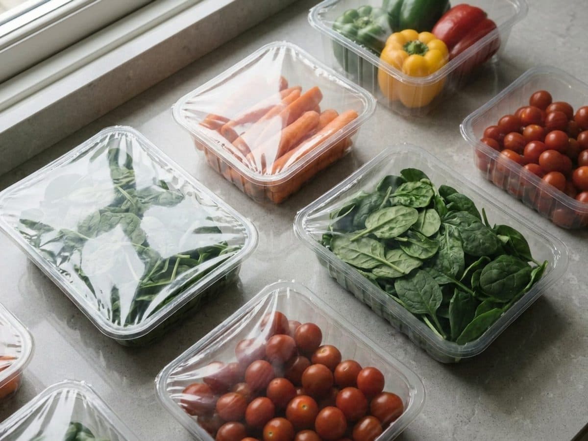 Clear food packaging trays containing fresh vegetables