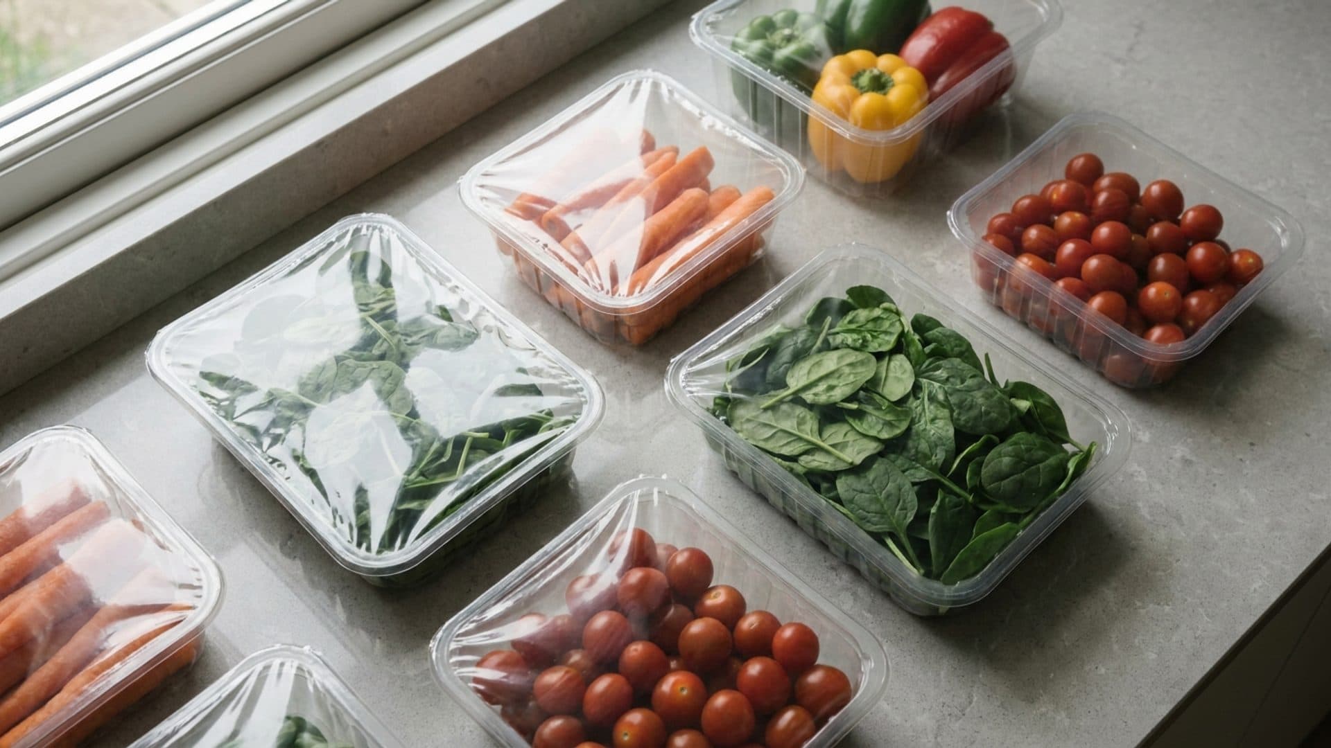 Clear food packaging trays containing fresh vegetables