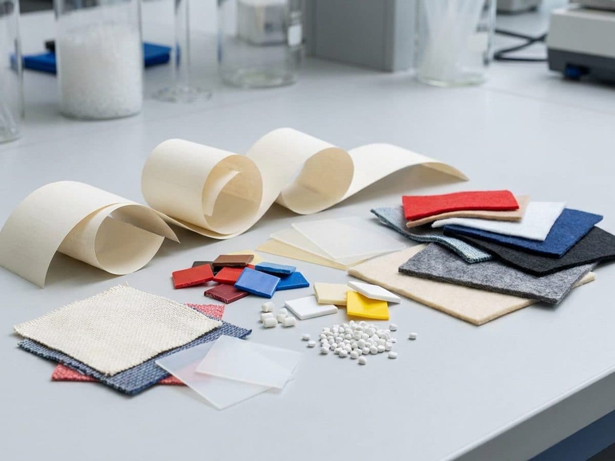 Thermal paper receipts and plastic material samples in a laboratory