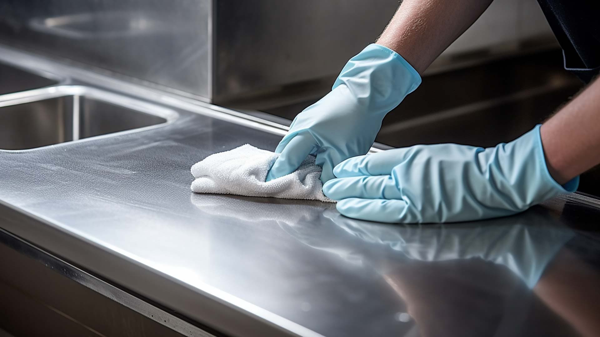 Person cleaning stainless steel countertop for food prep