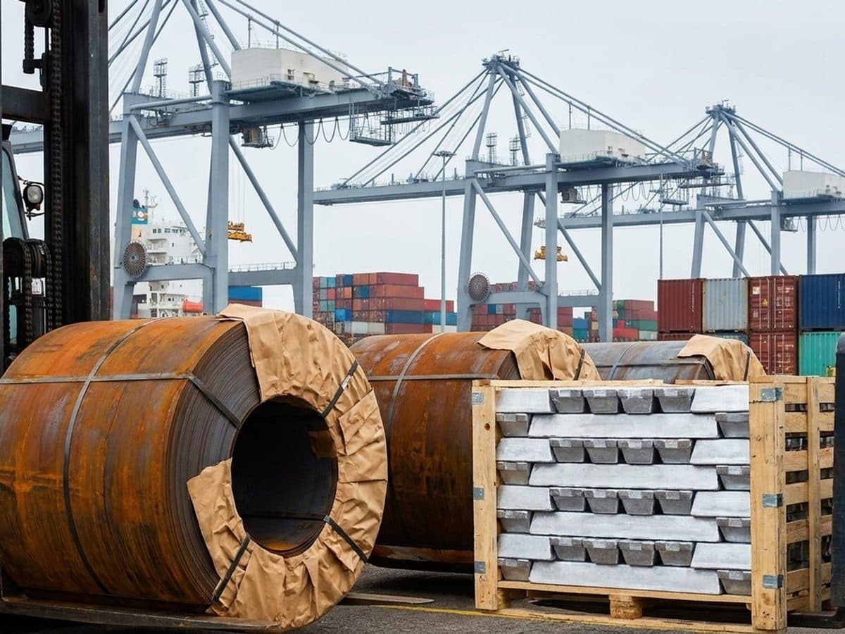 Steel and aluminium cargo being handled at a commercial port