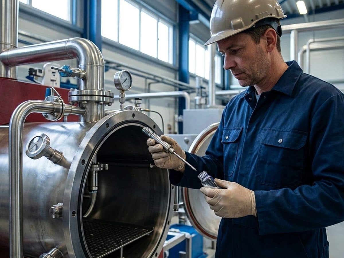 Emissions specialist inspecting equipment inside a metals plant