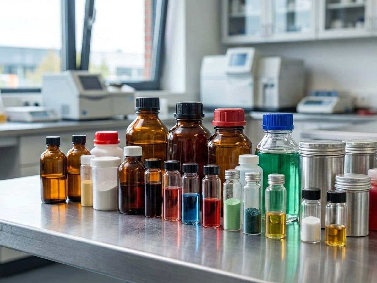 Chemical containers and sample bottles on a quality-control bench