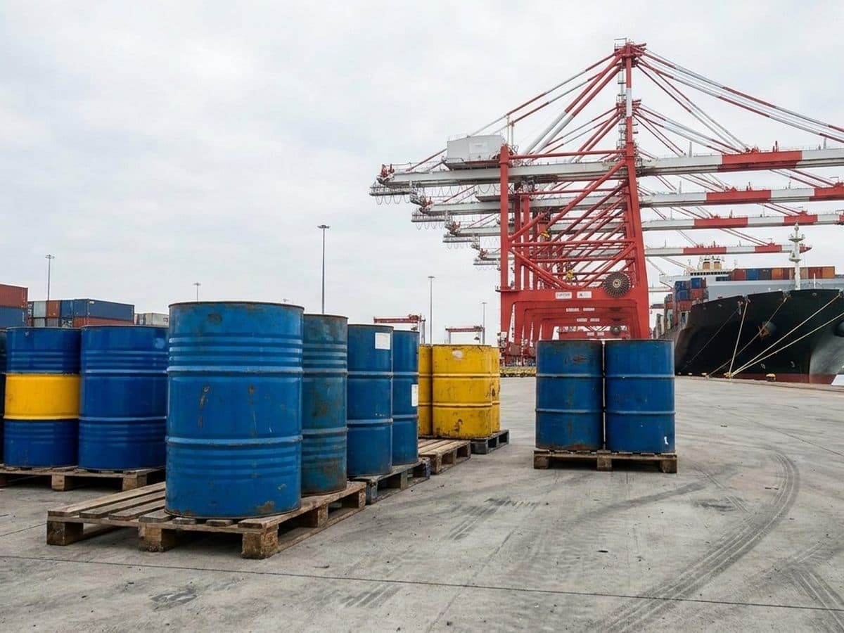 Chemical drums on pallets at a container port