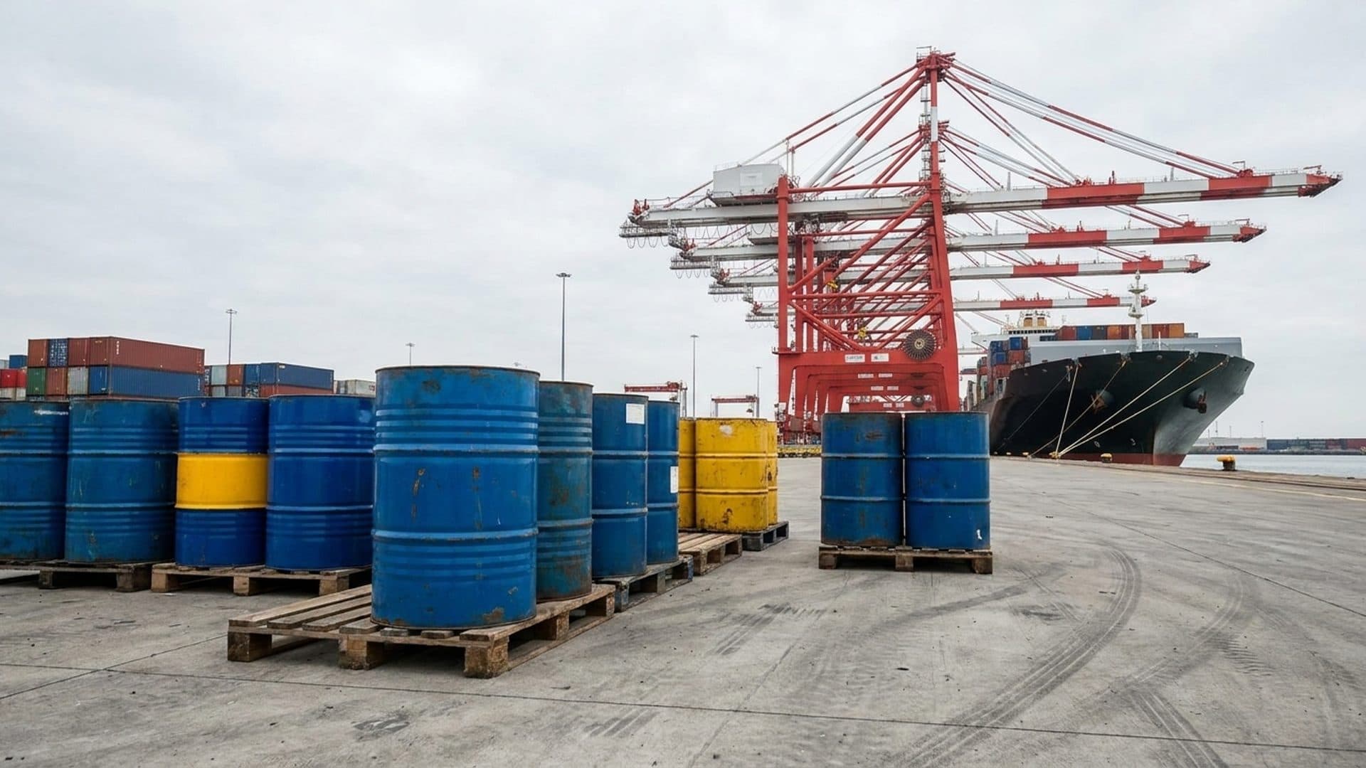 Chemical drums on pallets at a container port