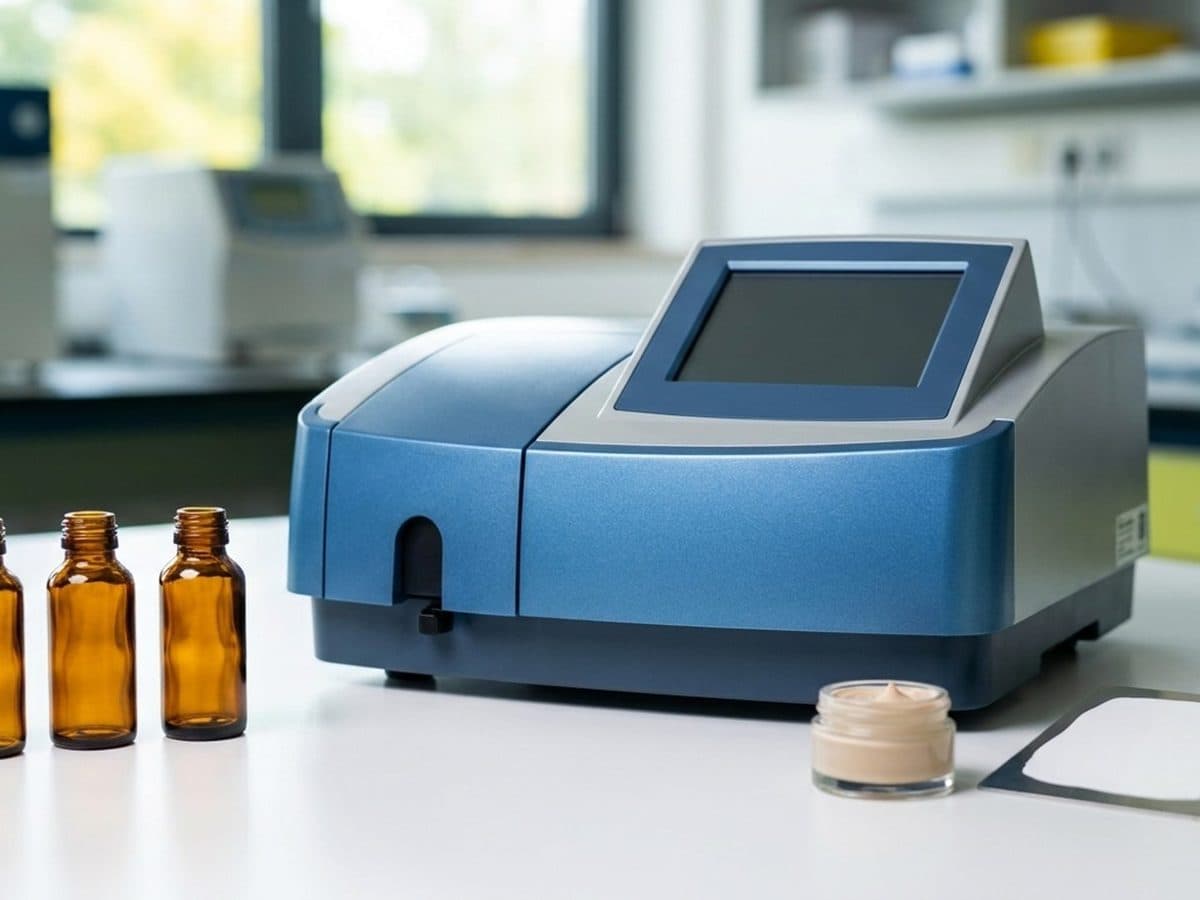 Three amber sample vials beside UV analysis equipment and formulation samples